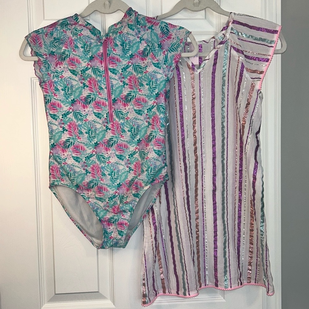 Girls size Large 10/12 swim bundle:swimsuit cover up and zip on piece